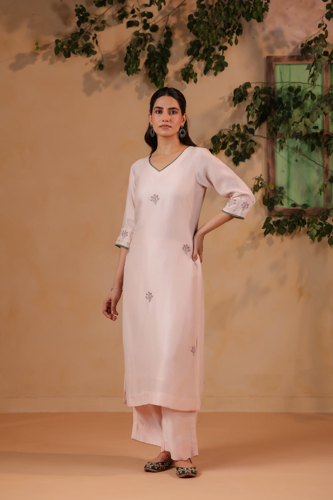 Light Pink / Green Hand Embroidered Full Linen Satin Suit