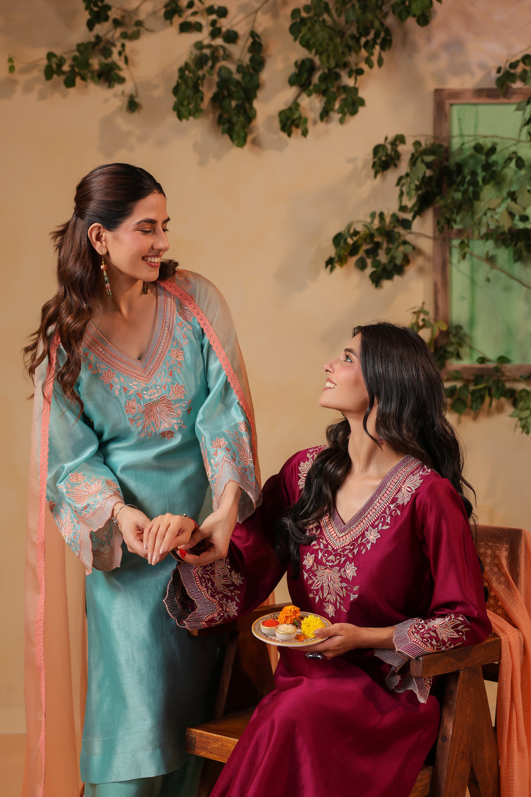 Maroon / Orange Peach Machine Embroidered Full Chanderi Suit