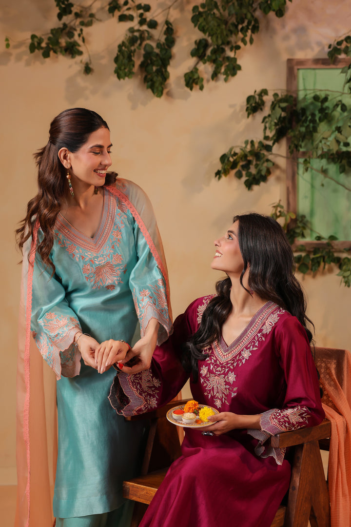 Maroon / Orange Peach Machine Embroidered Full Chanderi Suit