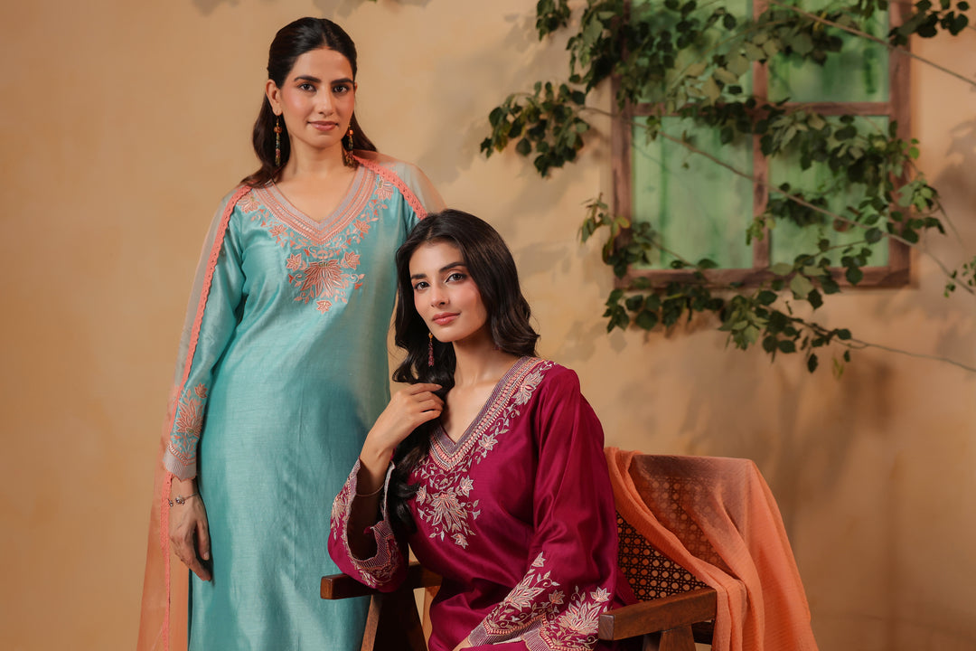 Maroon / Orange Peach Machine Embroidered Full Chanderi Suit