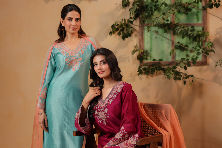 Maroon / Orange Peach Machine Embroidered Full Chanderi Suit