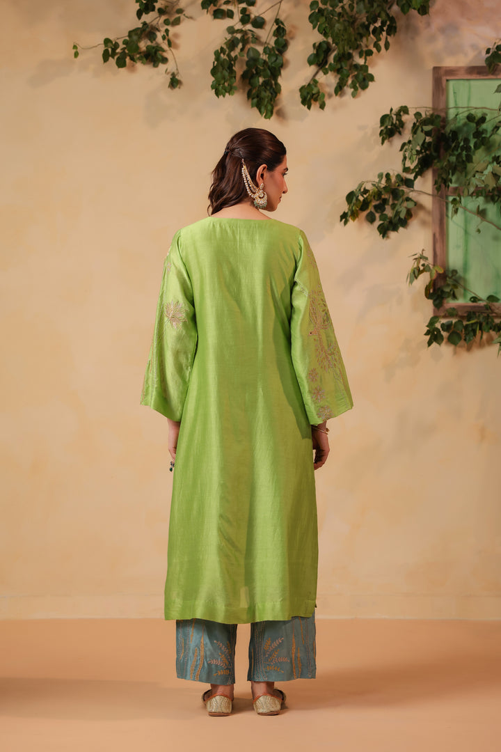 Green / Grey Blue Machine Embroidered Full Chanderi Suit