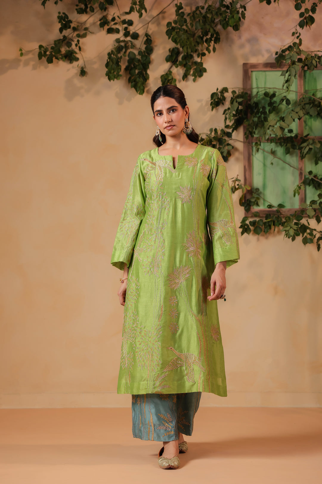 Green / Grey Blue Machine Embroidered Full Chanderi Suit