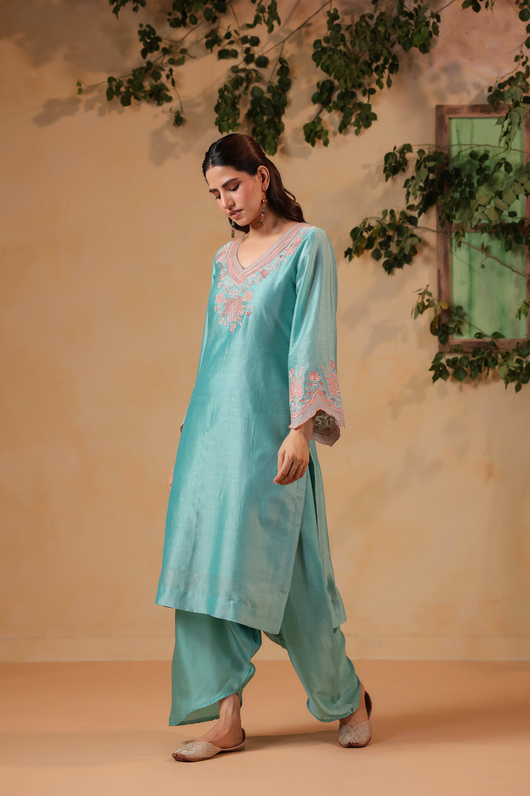 Blue / Orange Peach Contrast Embroidered Lungi / Dhoti Suit Set