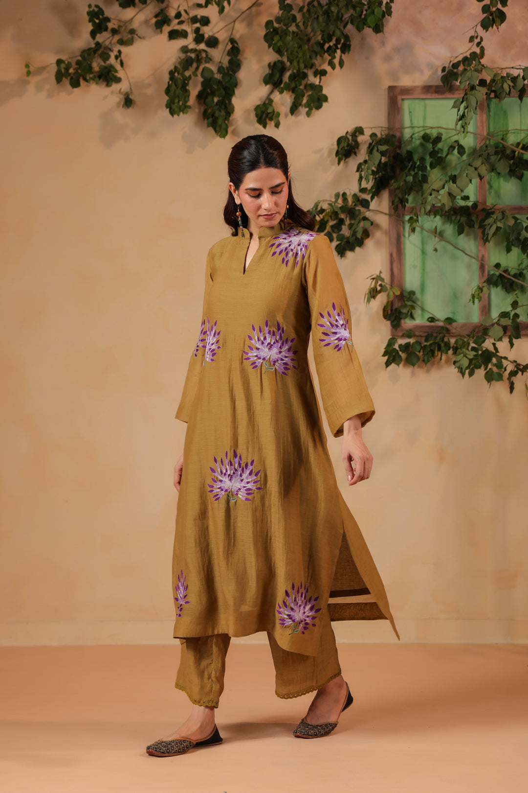Dark Olive Green Machine Embroidered Full Chanderi Suit