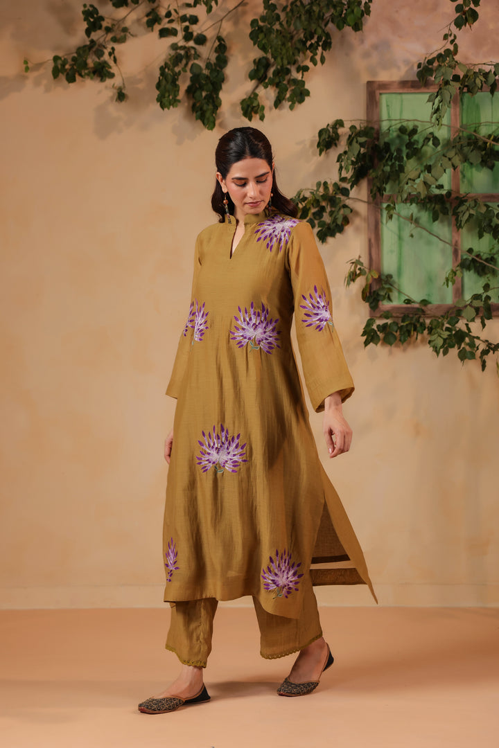 Dark Olive Green Machine Embroidered Full Chanderi Suit