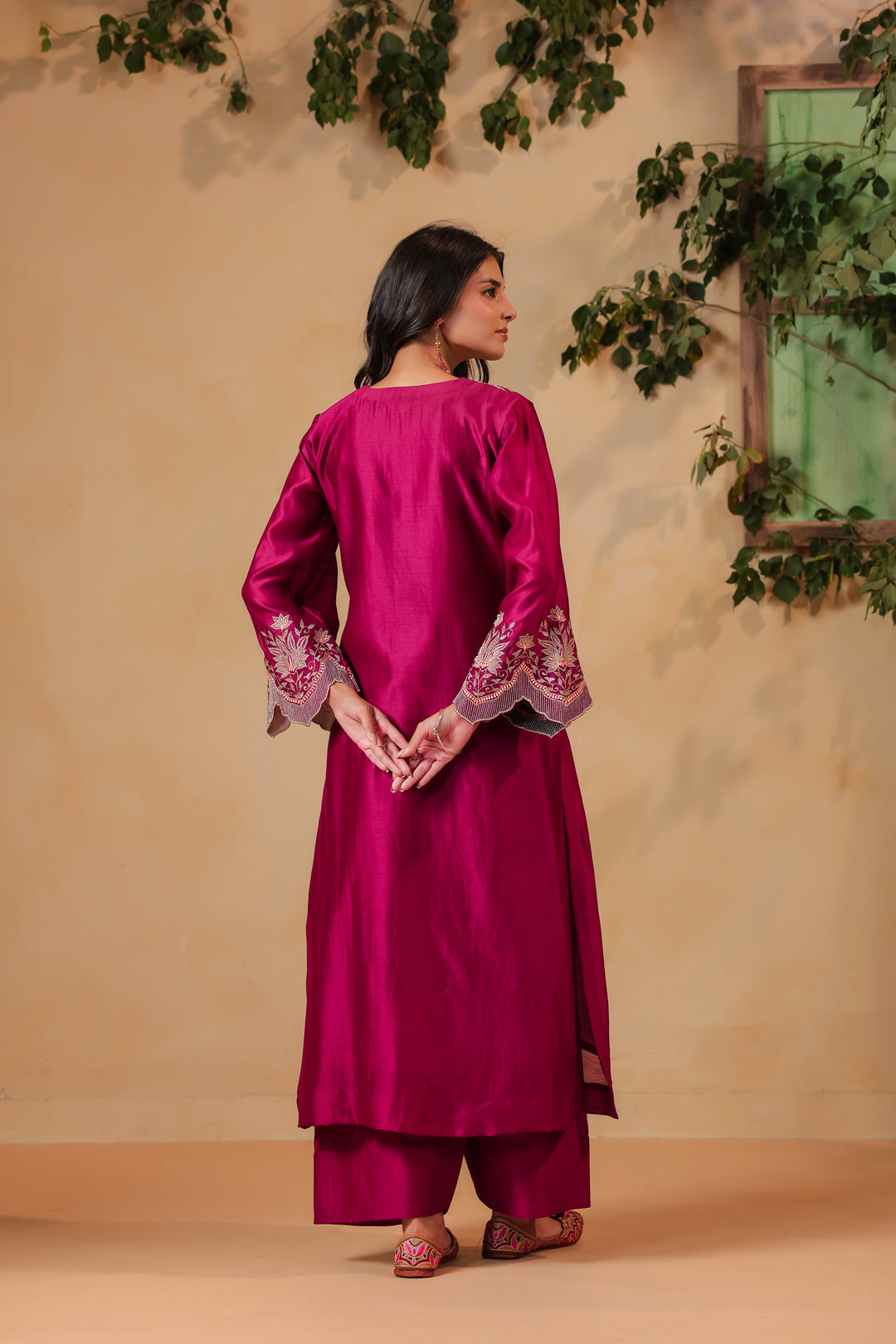 Wine / Orange Peach Machine Embroidered Full Chanderi Suit