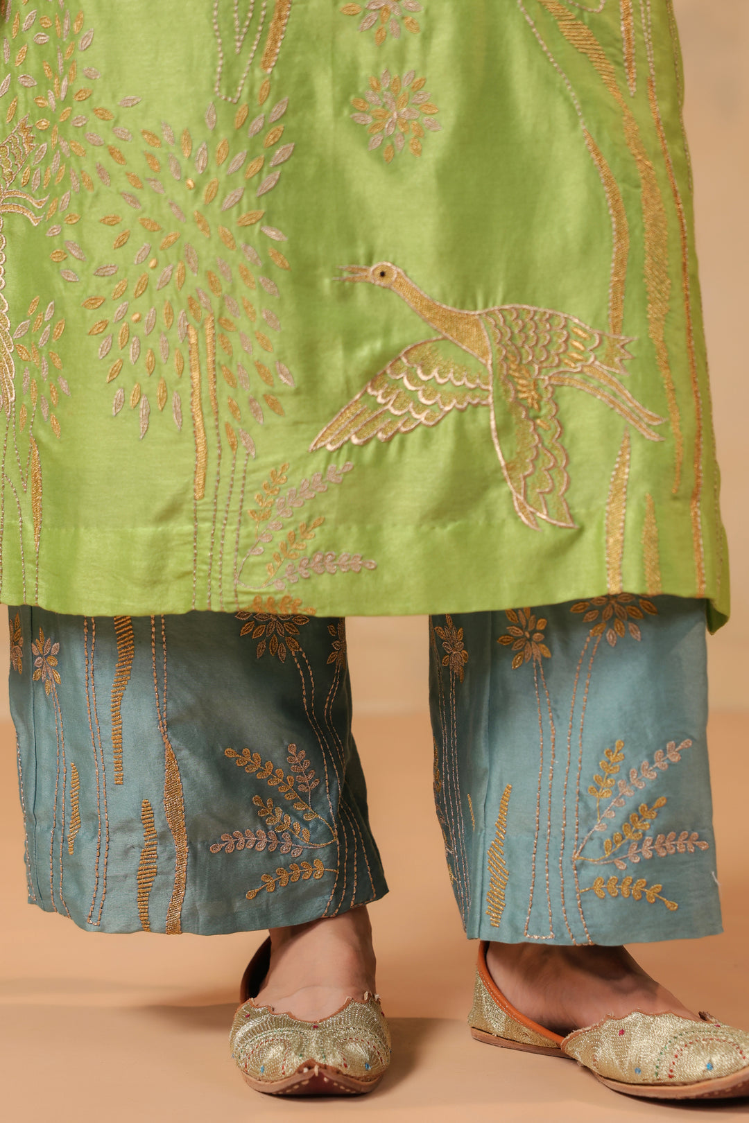 Green / Grey Blue Machine Embroidered Full Chanderi Suit