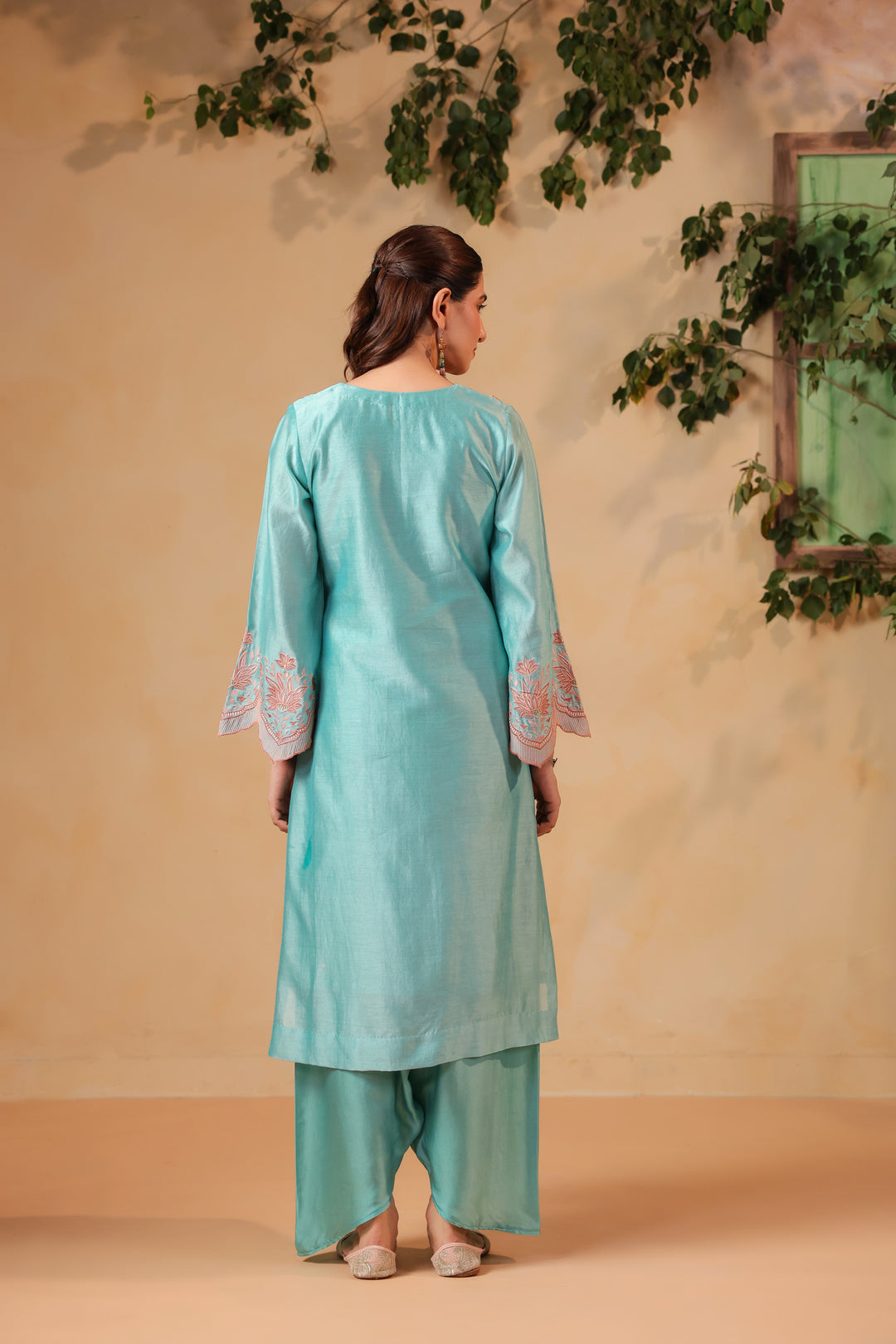 Blue / Orange Peach Contrast Embroidered Lungi / Dhoti Suit Set