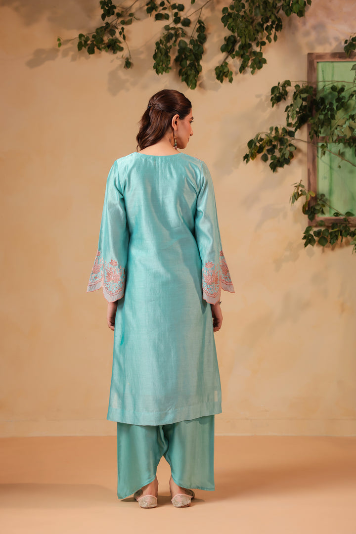 Blue / Orange Peach Contrast Embroidered Lungi / Dhoti Suit Set