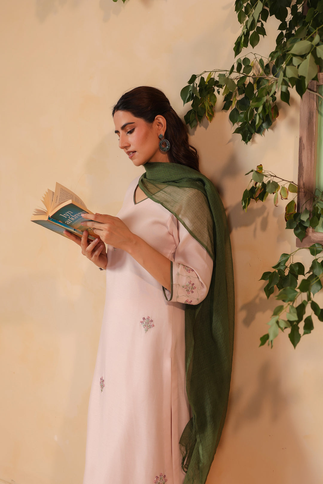 Light Pink / Green Hand Embroidered Full Linen Satin Suit