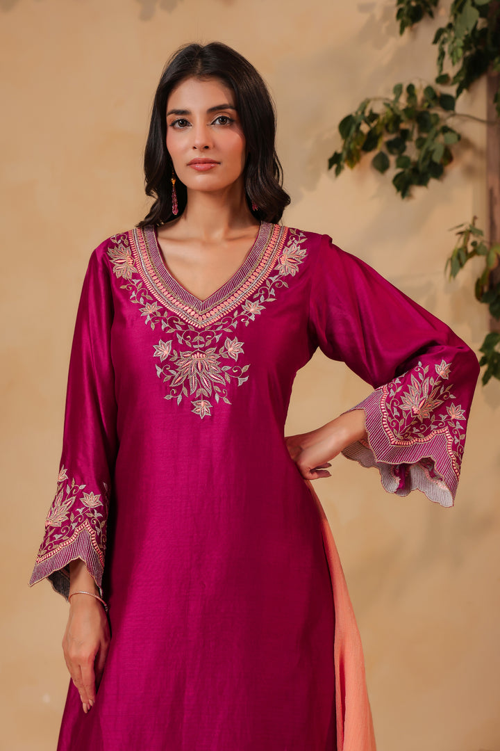 Wine / Orange Peach Machine Embroidered Full Chanderi Suit