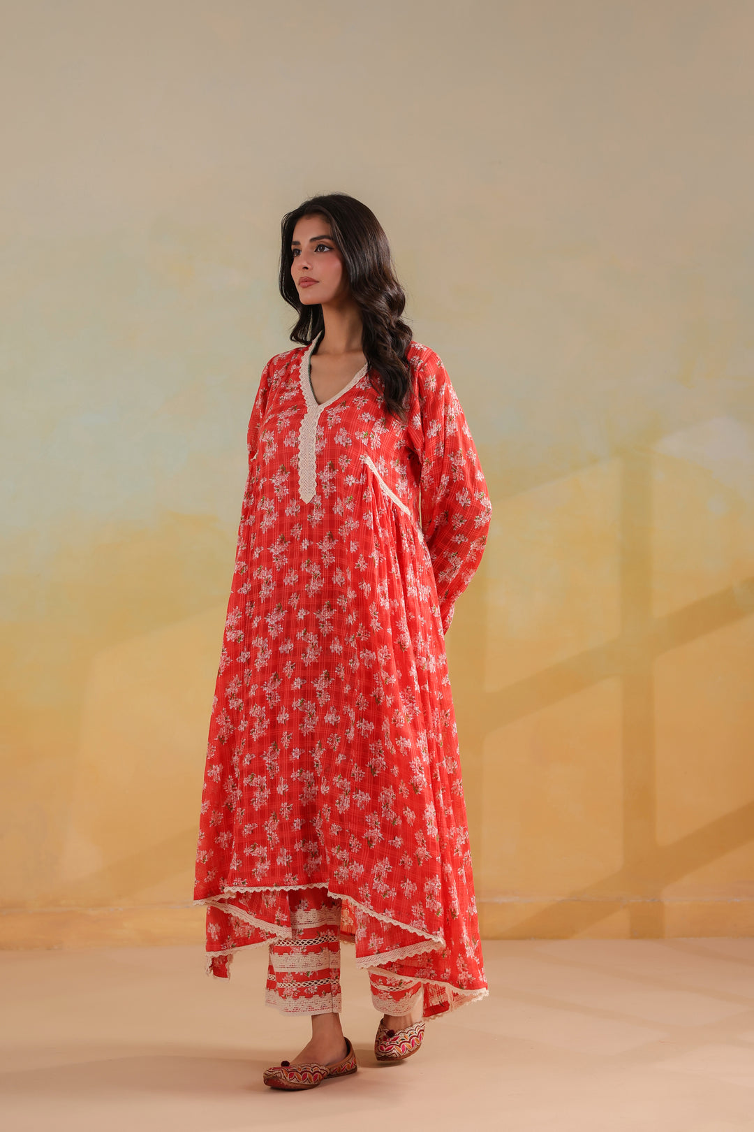Peach Orange Cotton Gathered Suit Set