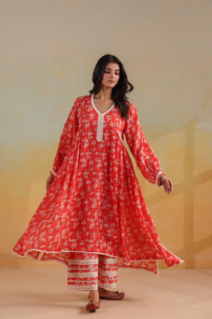 Peach Orange Cotton Gathered Suit Set