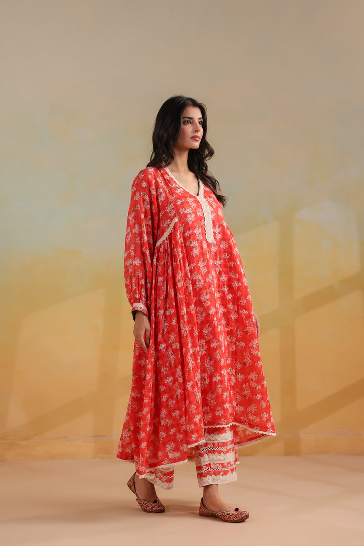Peach Orange Cotton Gathered Suit Set