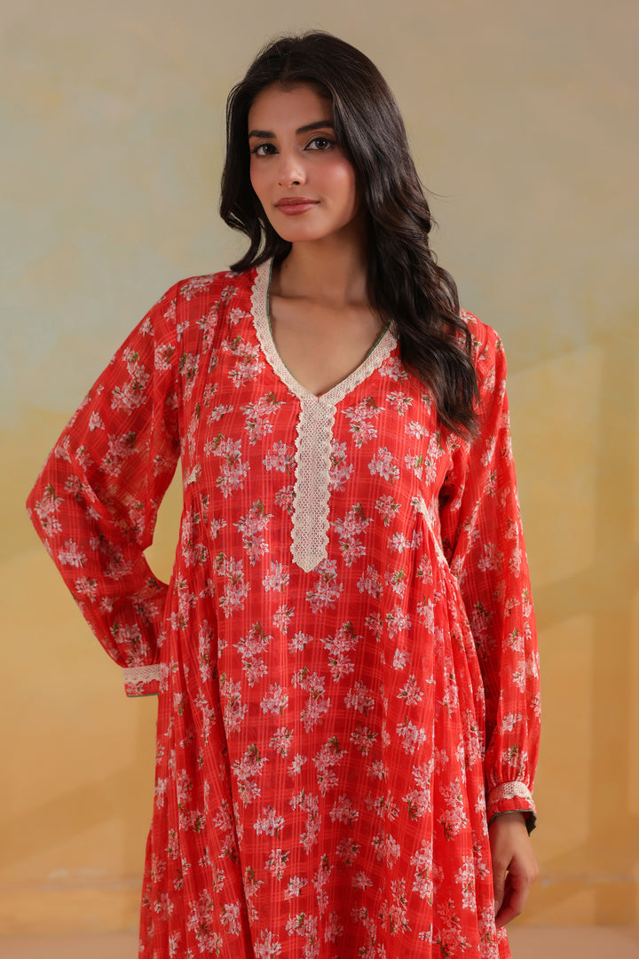 Peach Orange Cotton Gathered Suit Set