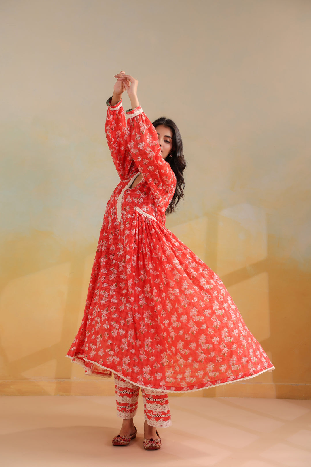 Peach Orange Cotton Gathered Suit Set