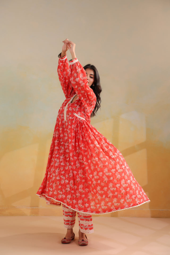 Peach Orange Cotton Gathered Suit Set