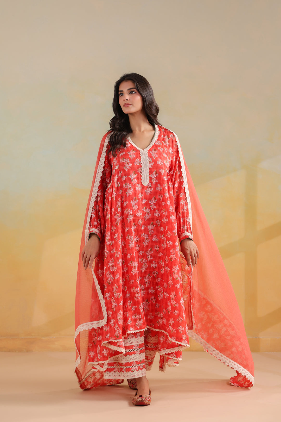 Peach Orange Cotton Gathered Suit Set