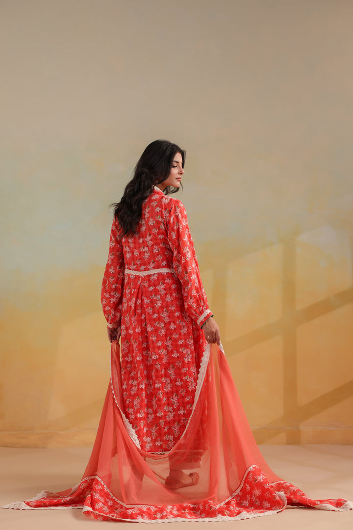 Peach Orange Cotton Gathered Suit Set