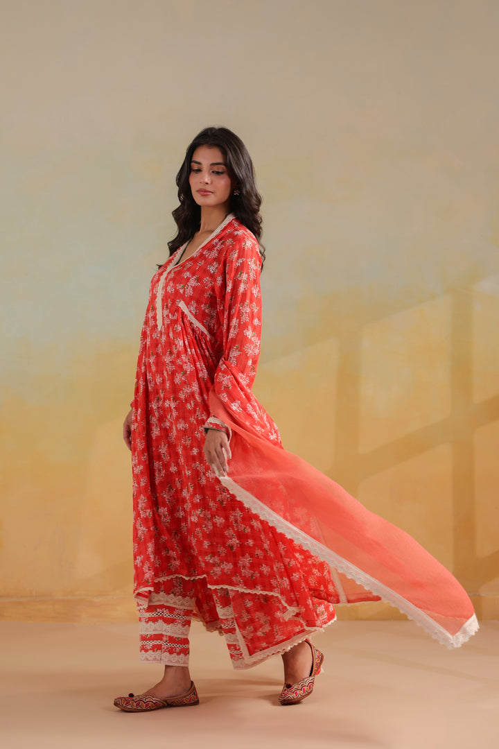 Peach Orange Cotton Gathered Suit Set