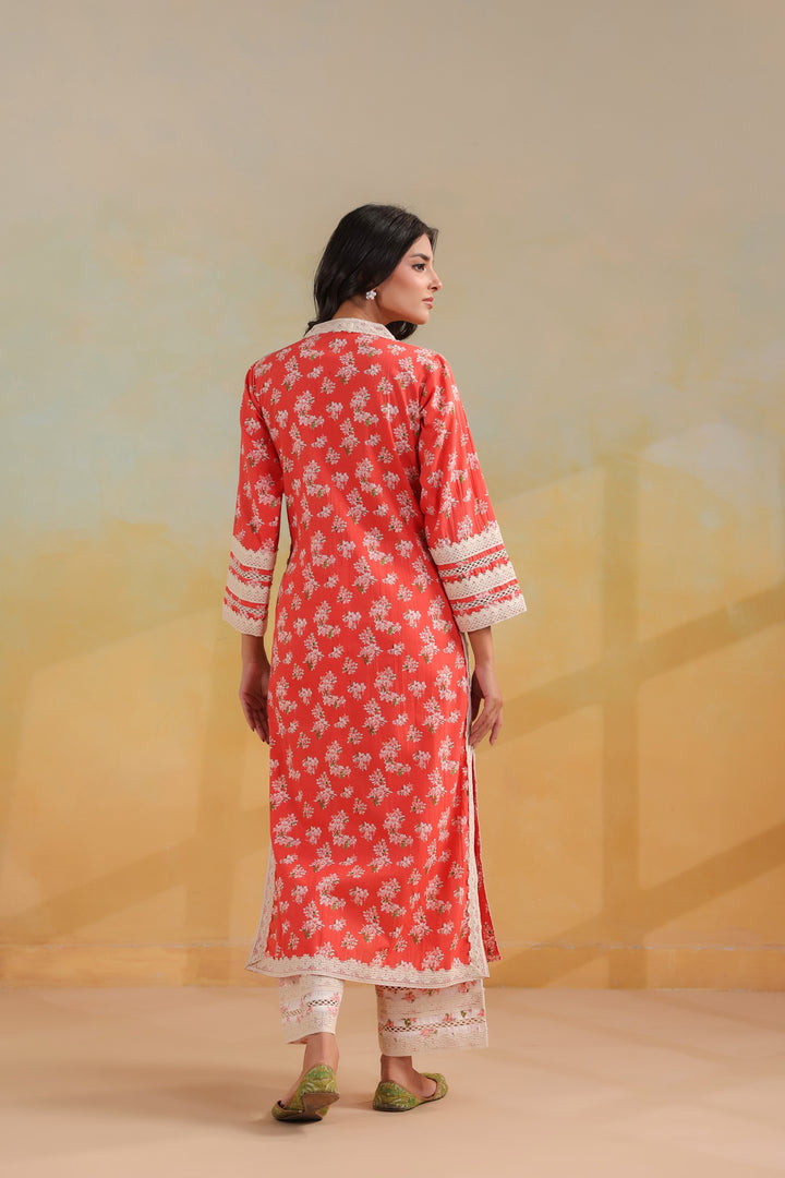 Peach Orange Cotton Straight Suit Set