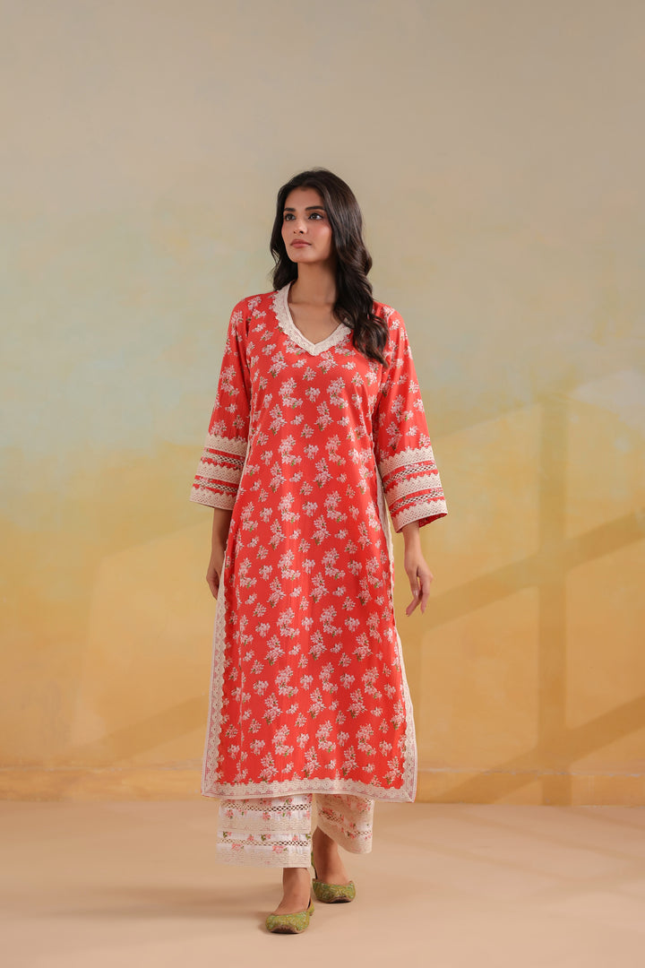 Peach Orange Cotton Straight Suit Set