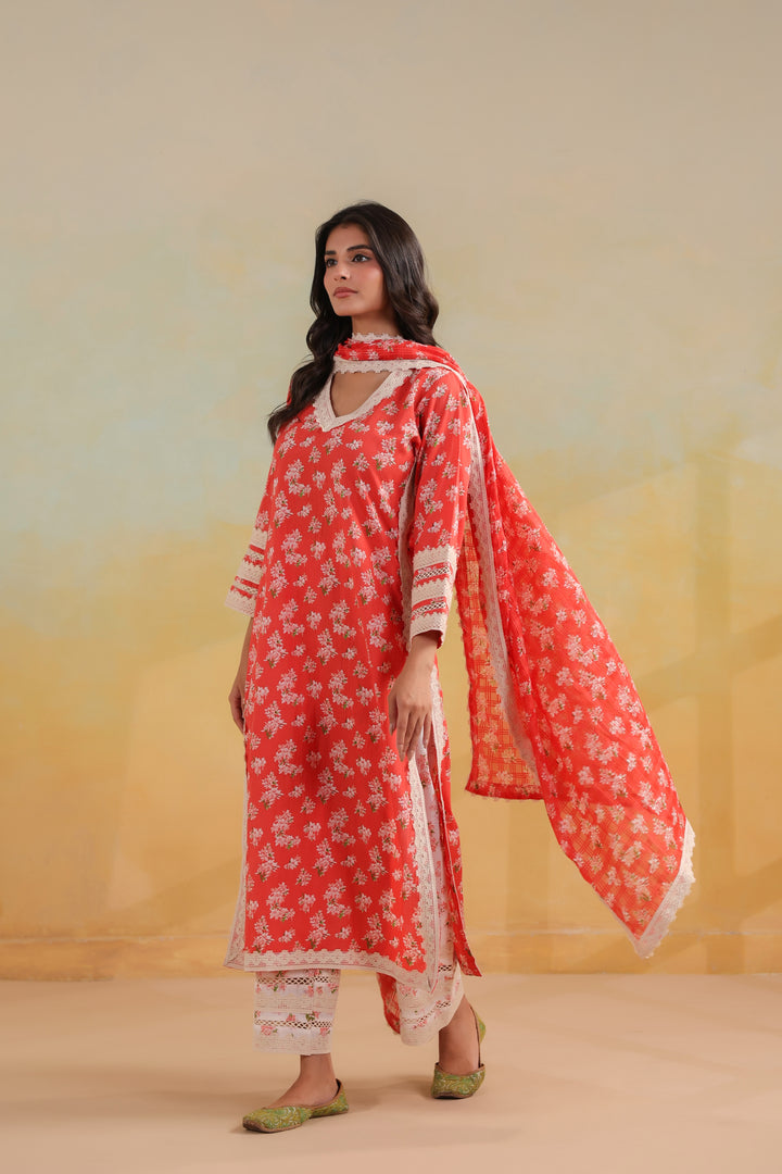 Peach Orange Cotton Straight Suit Set