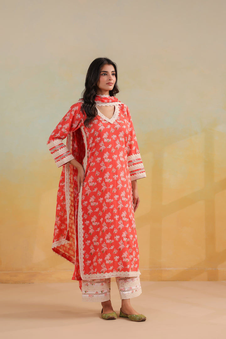Peach Orange Cotton Straight Suit Set