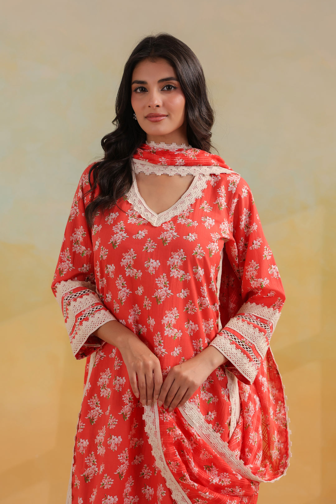 Peach Orange Cotton Straight Suit Set
