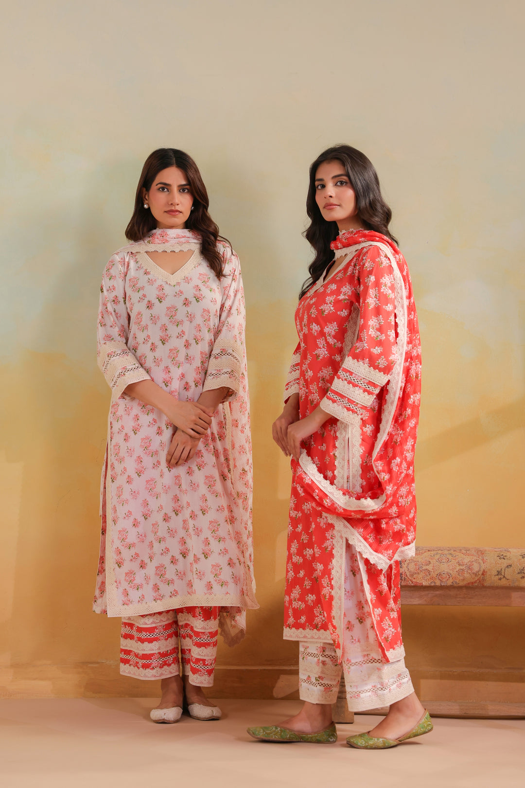 Peach Orange Cotton Straight Suit Set