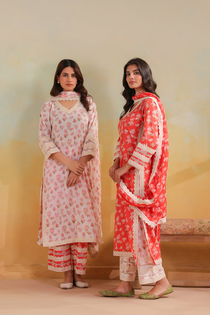 Peach Orange Cotton Straight Suit Set