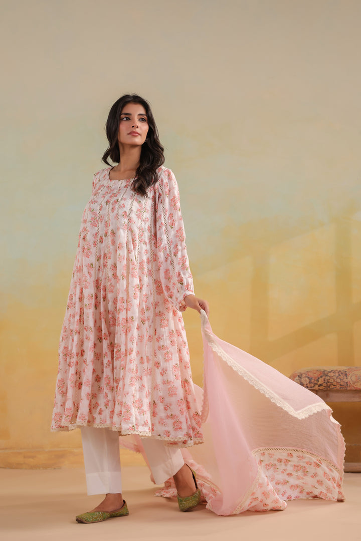 Ivory White Cotton Kalidar Suit Set