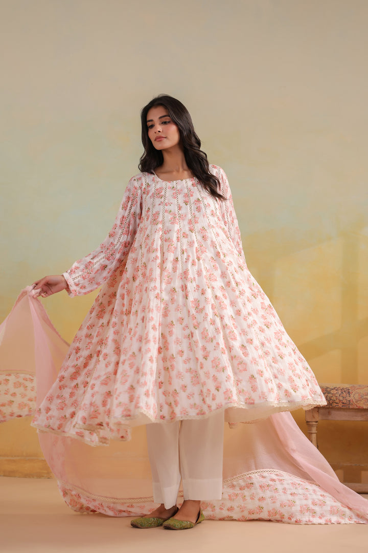 Ivory White Cotton Kalidar Suit Set