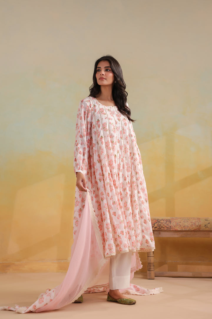 Ivory White Cotton Kalidar Suit Set