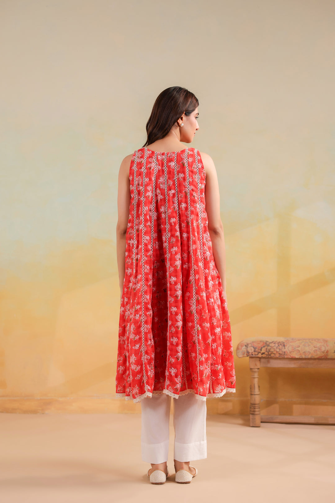 Peach Orange Cotton Sleeveless Kurta Set