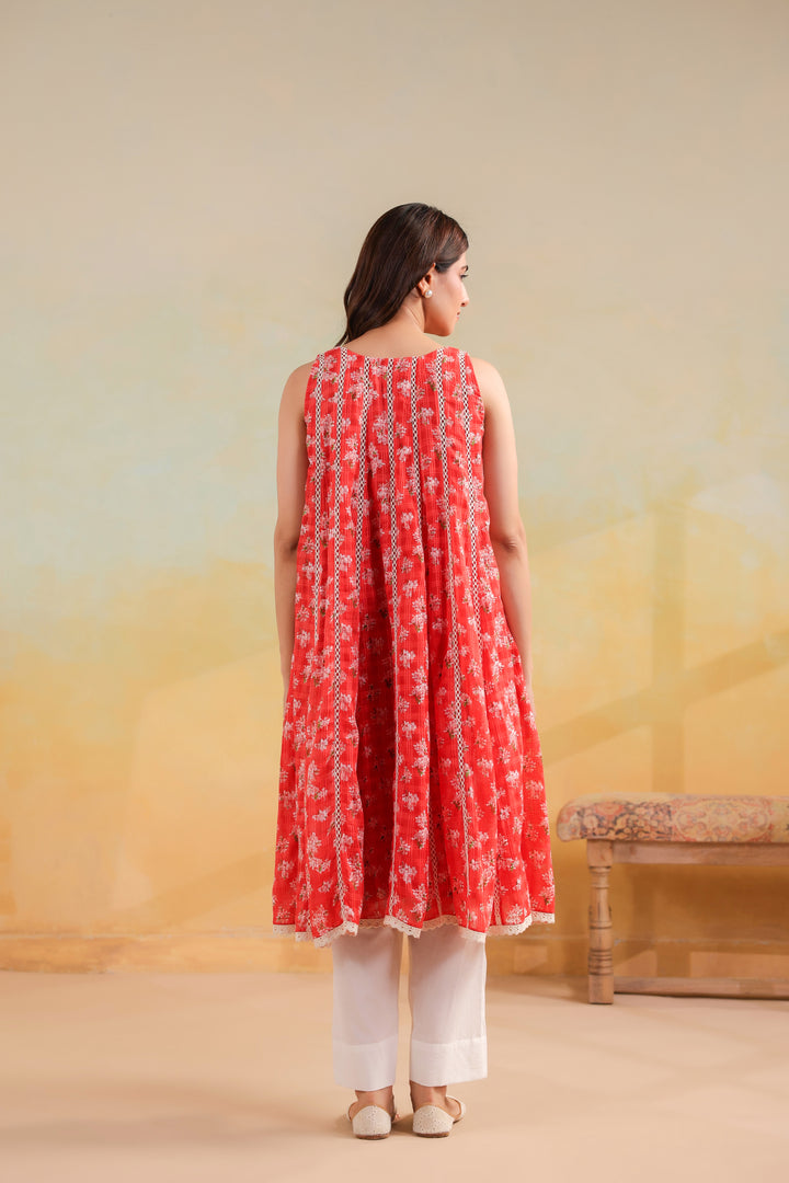 Peach Orange Cotton Sleeveless Kurta Set