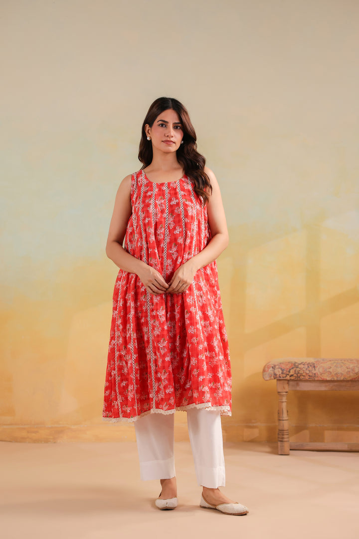 Peach Orange Cotton Sleeveless Kurta Set