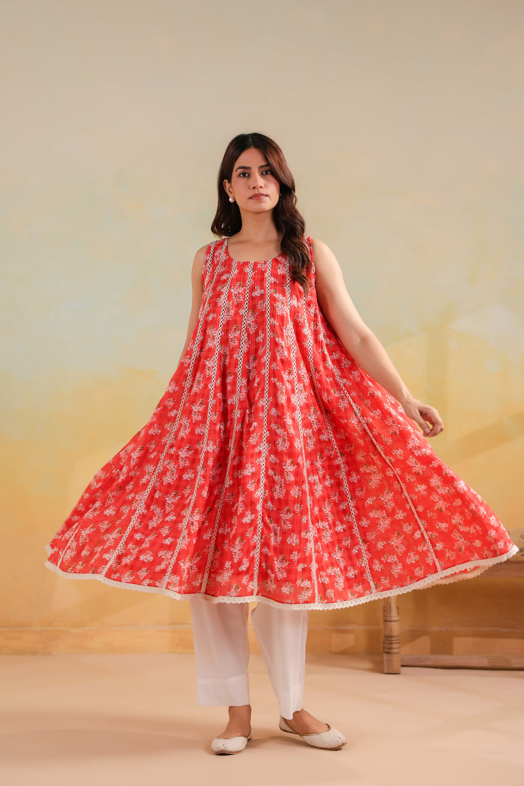 Peach Orange Cotton Sleeveless Kurta Set