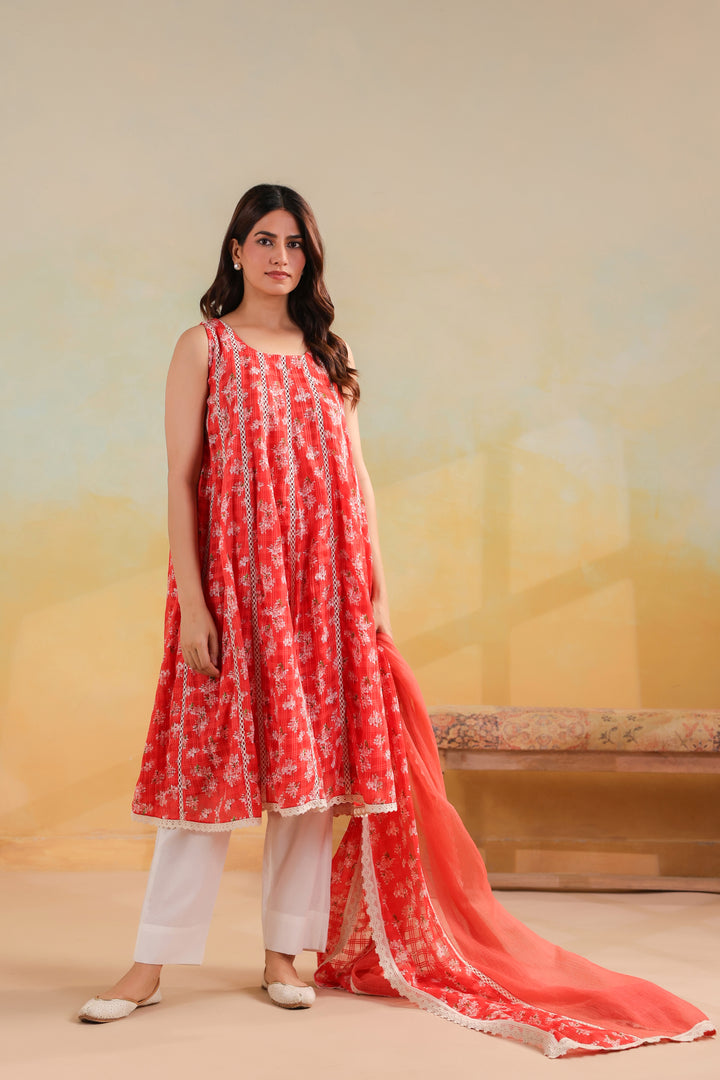 Peach Orange Cotton Sleeveless Suit Set