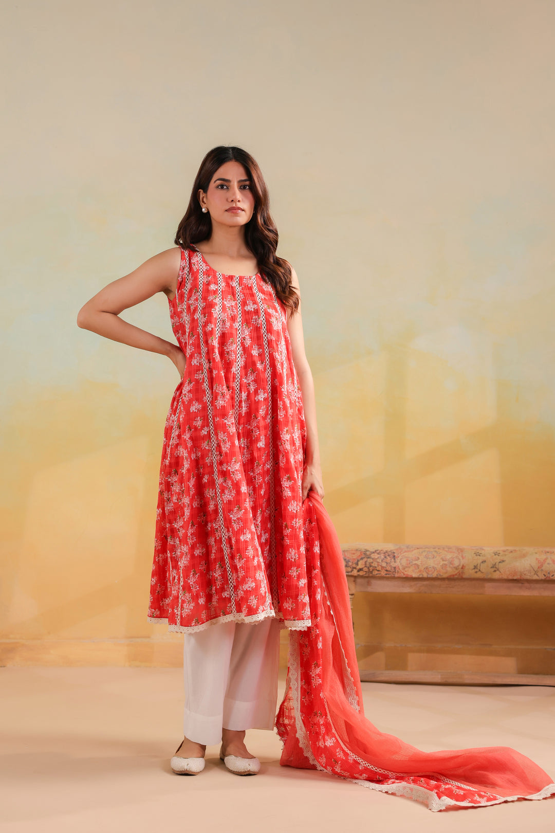 Peach Orange Cotton Sleeveless Suit Set