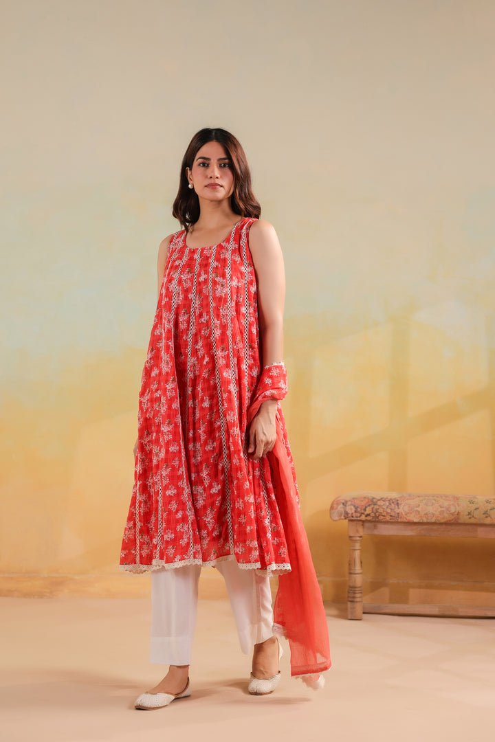 Peach Orange Cotton Sleeveless Suit Set