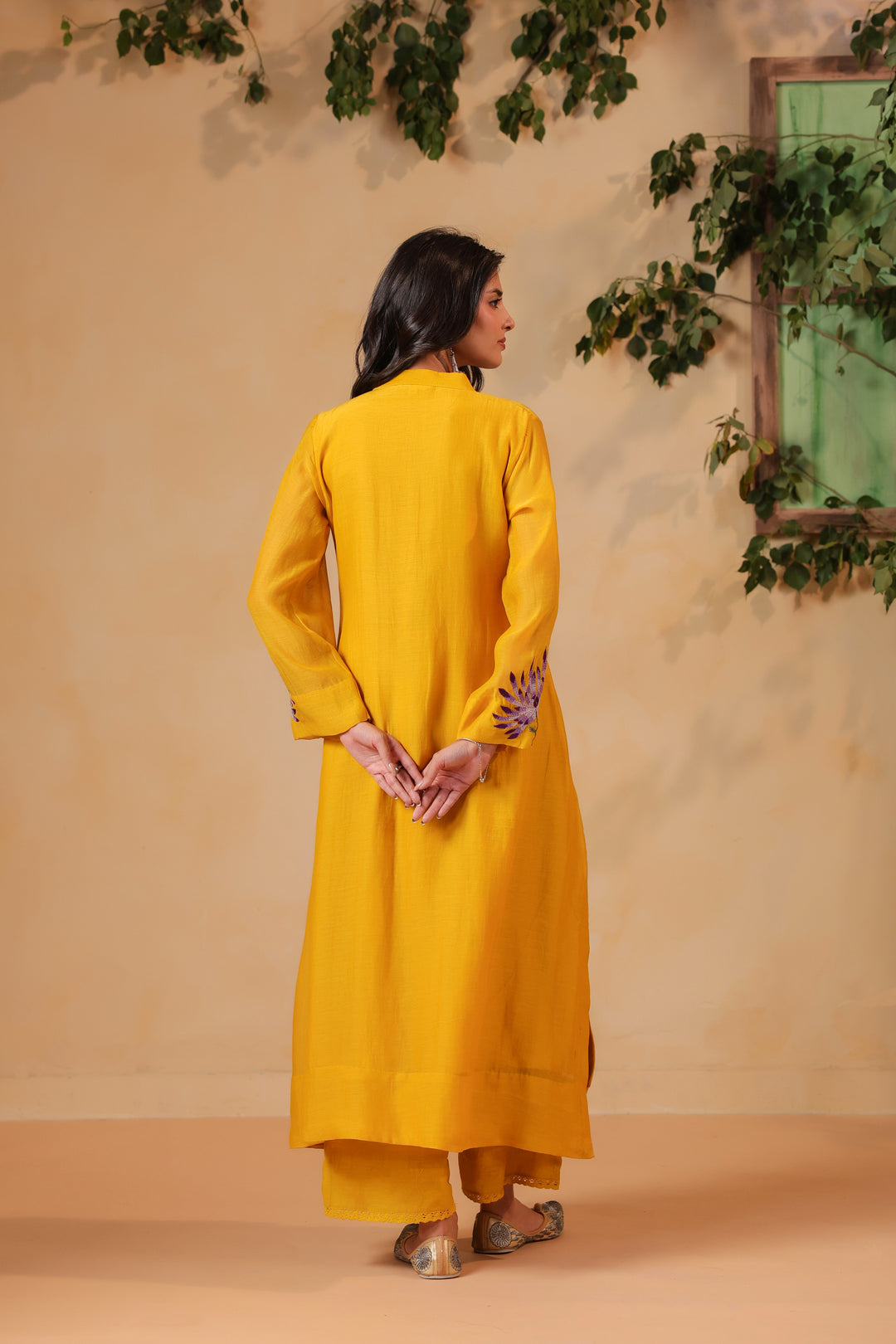 Yellow Machine Embroidered Full Chanderi Suit