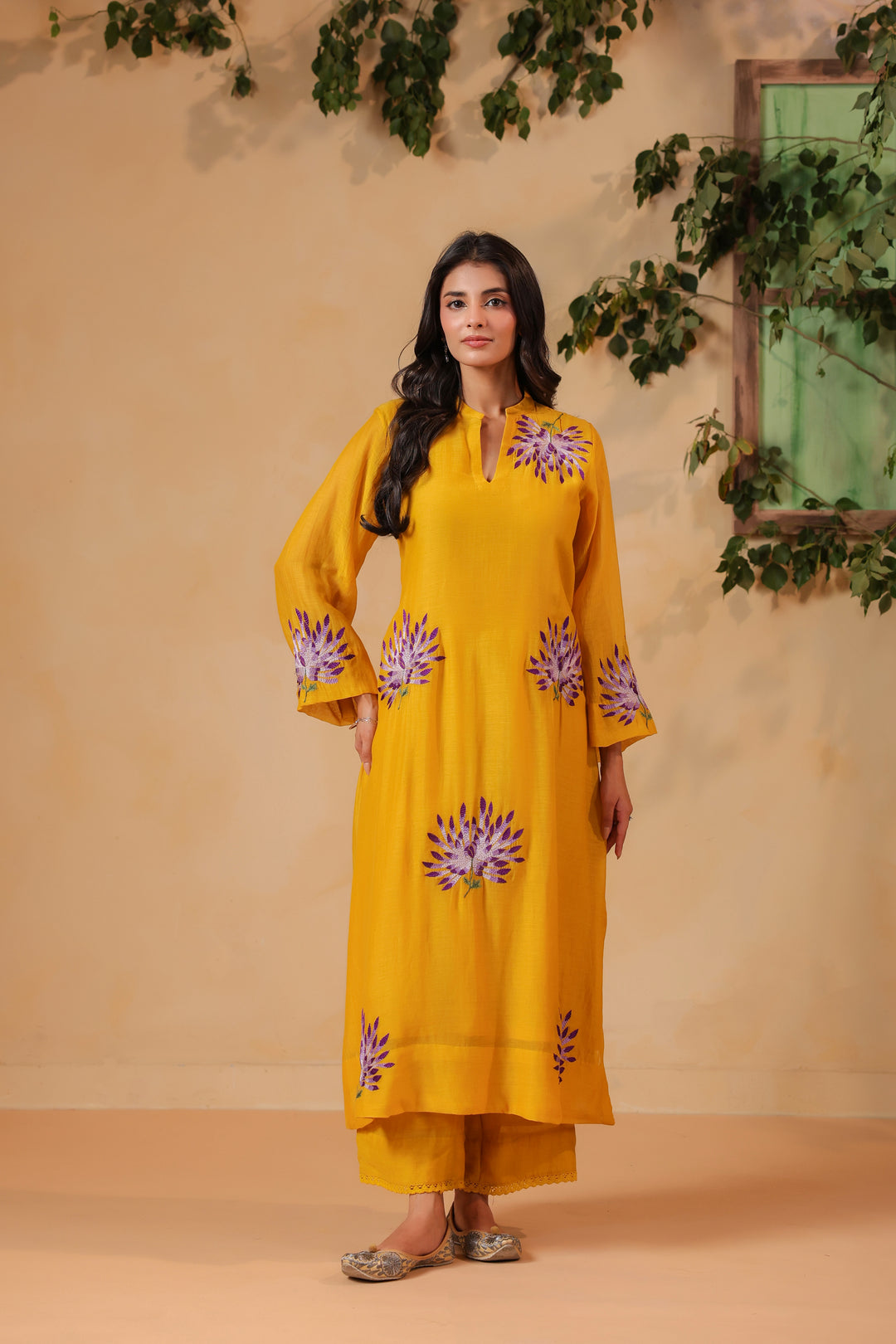 Yellow Machine Embroidered Full Chanderi Suit