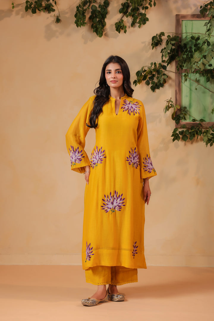 Yellow Machine Embroidered Full Chanderi Suit