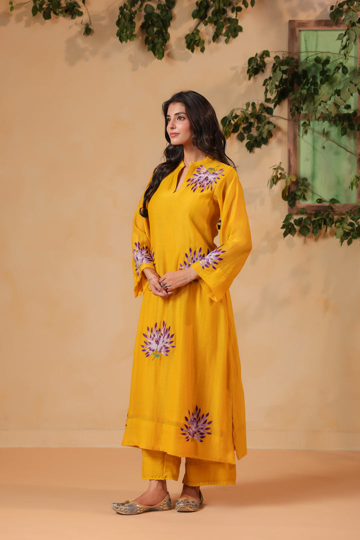 Yellow Machine Embroidered Full Chanderi Suit