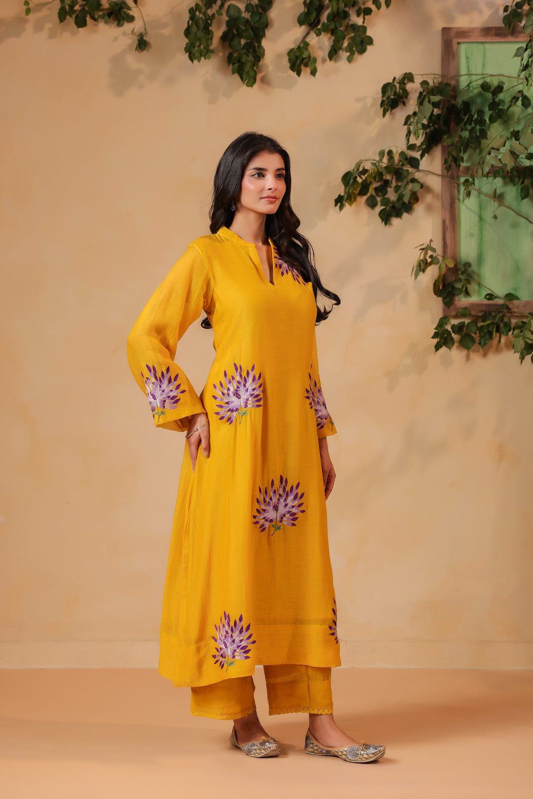 Yellow Machine Embroidered Full Chanderi Suit