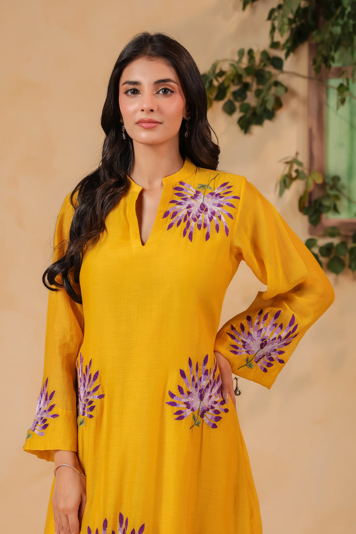 Yellow Machine Embroidered Full Chanderi Suit