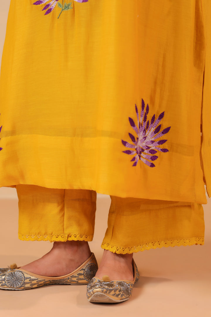 Yellow Machine Embroidered Full Chanderi Suit