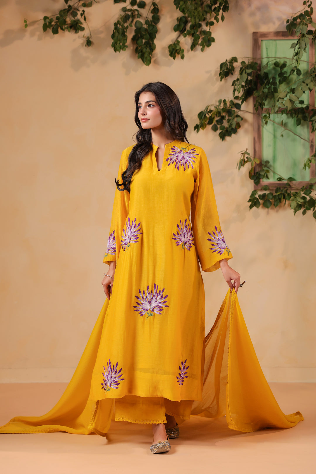 Yellow Machine Embroidered Full Chanderi Suit